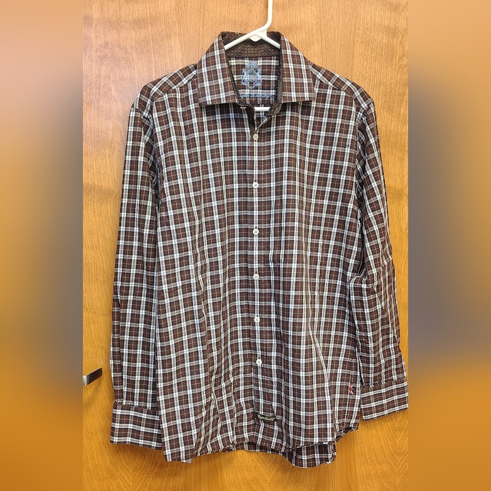 English Laundry Men's Button Down Brown Blue and White Plaid Shirt